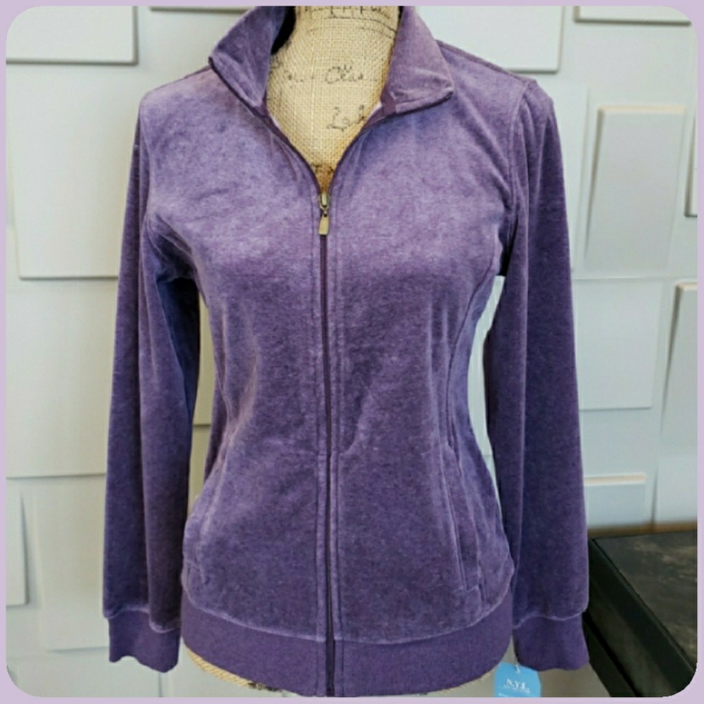NYL jacket purple velour jogging athletic front zipper Size Large